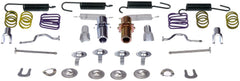 Dorman HW17393 rear parking brake hardware kit components laid out for inspection and installation readiness.
