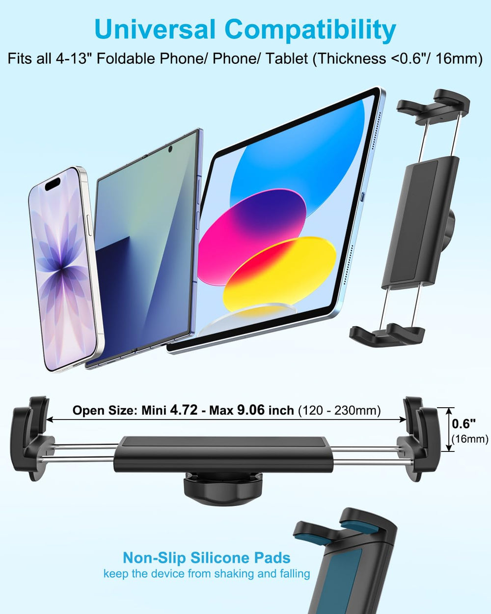 Dosvsi silicone strap secures large tablets to the mount on bumps.