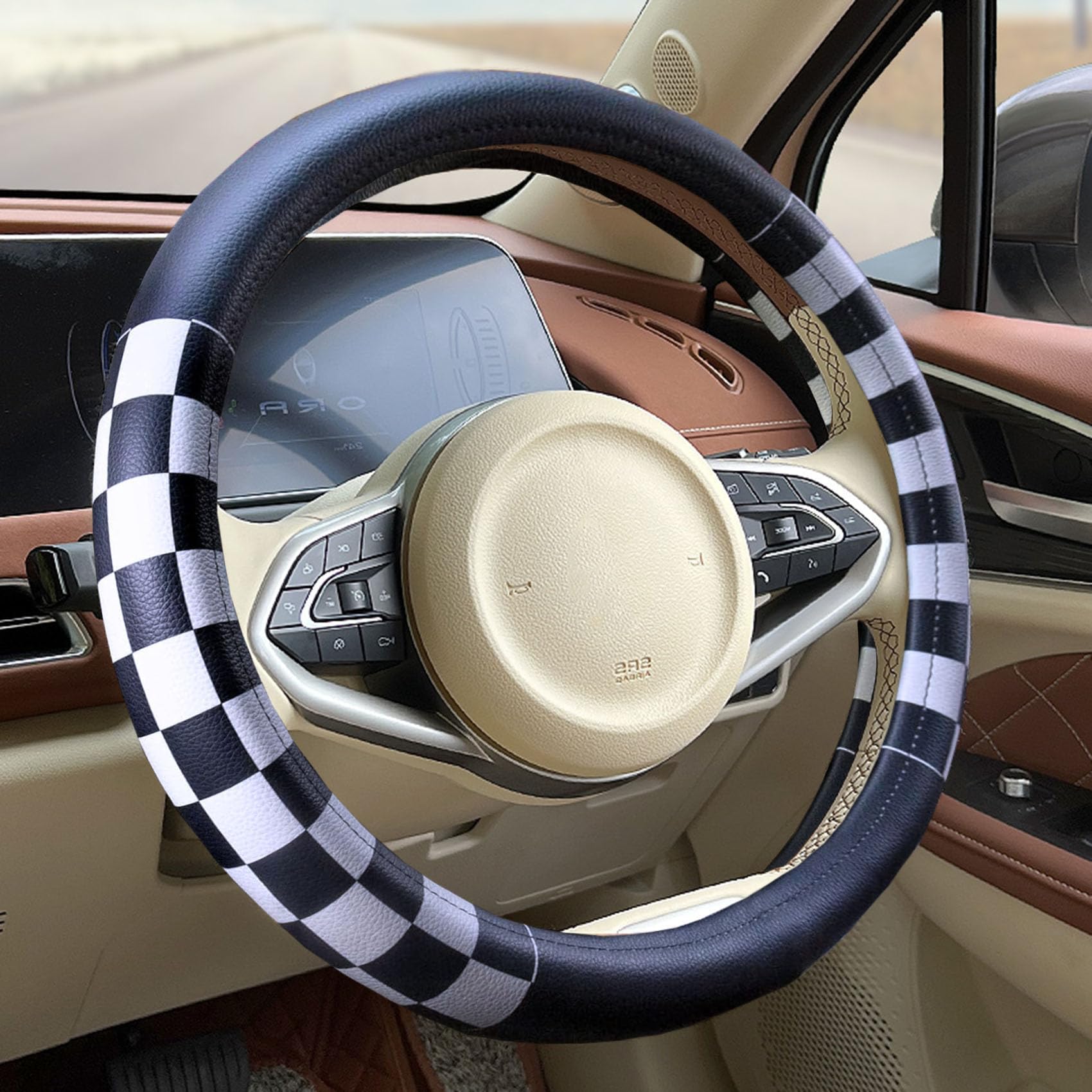Dotesy lattice steering wheel cover with checkered plaid design enhances interior style.