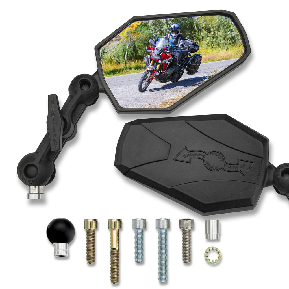 Doubletake Adventure 3-5inch mirror arm in action, improving rear visibility on adventures.