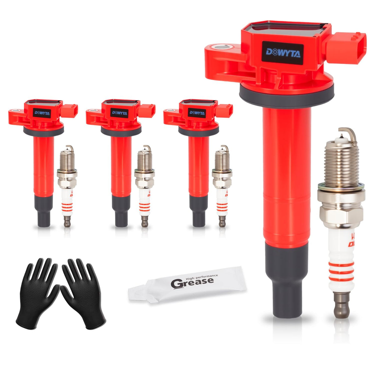 DOWYTA coil-pack and spark-plug set shown, compatible with Prius and Yaris.