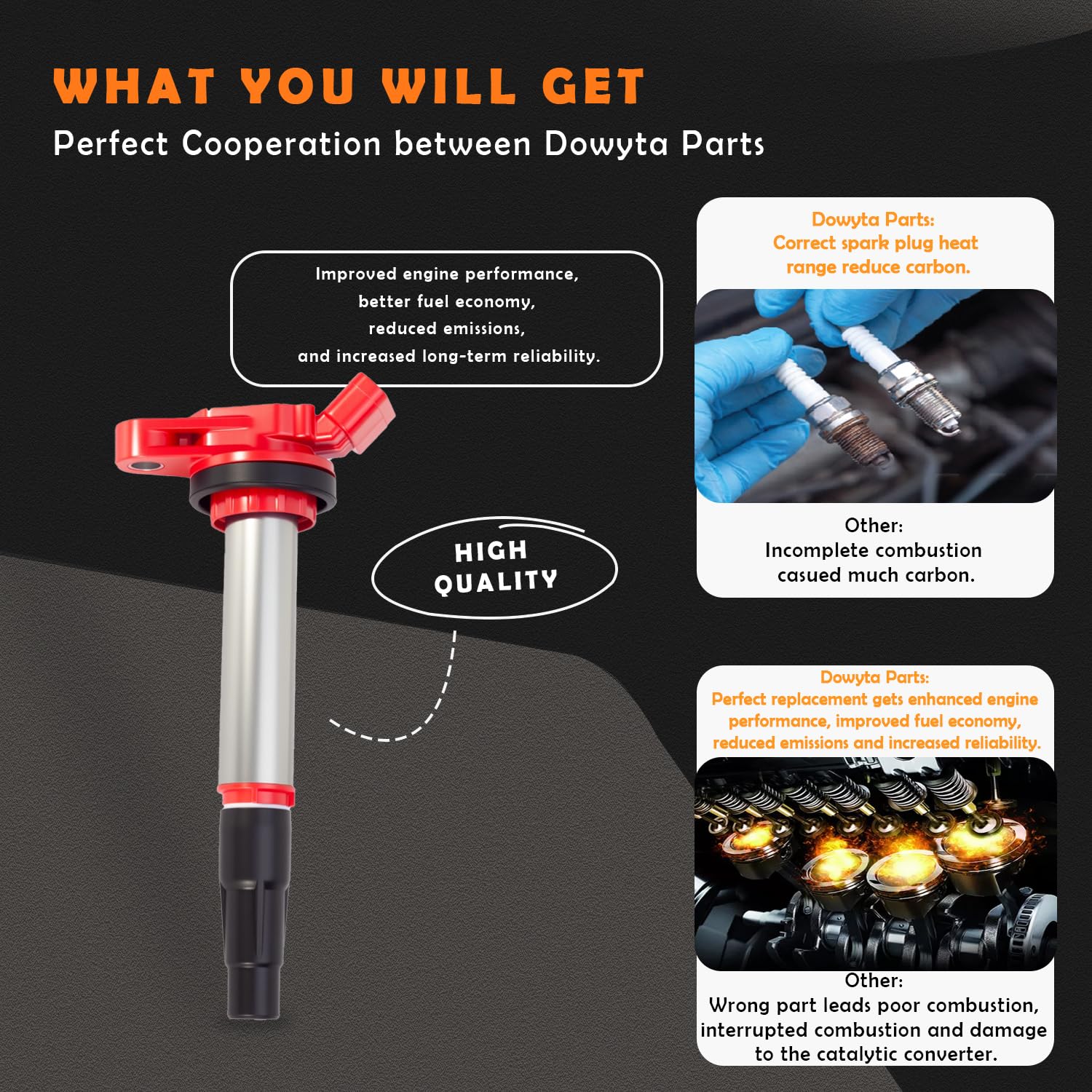 DOWYTA spark plug set showing four plugs for coordinated ignition performance