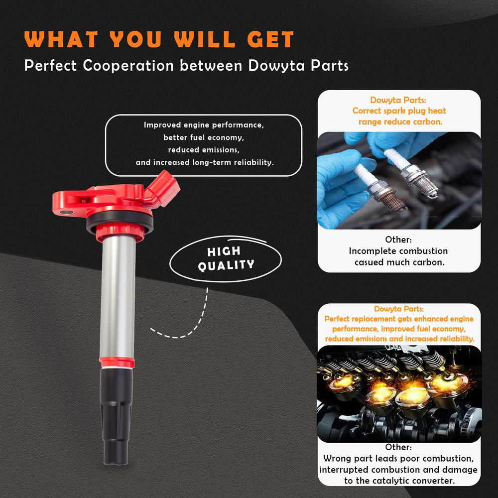 DOWYTA spark plug set showing four plugs for coordinated ignition performance