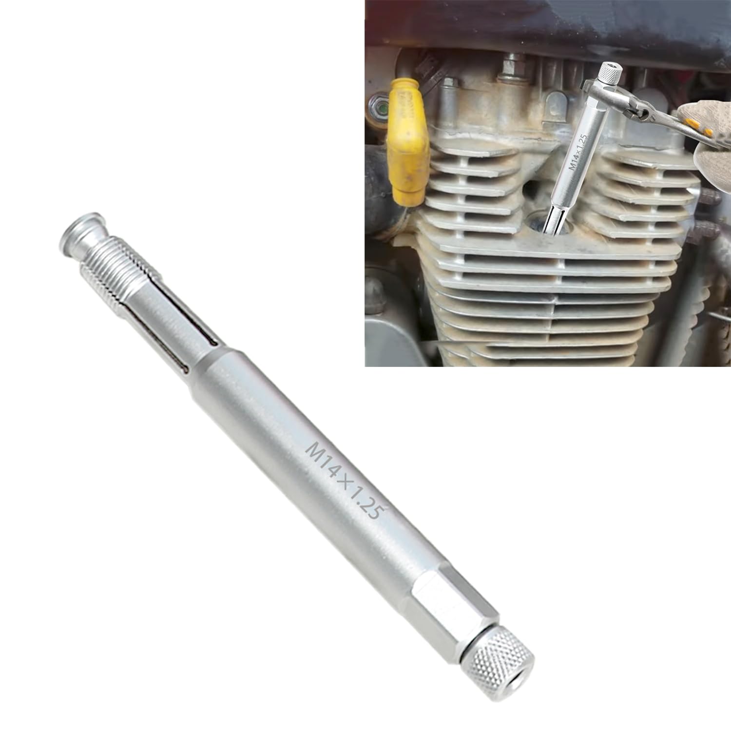 DPTOOL 14mm back tap inside spark plug hole demonstrates cleaner thread restoration