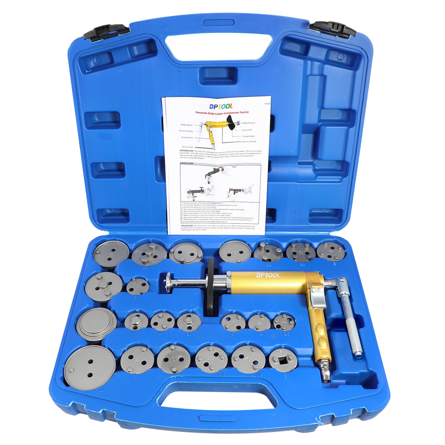 DPTOOL 23Pc Pneumatic Brake Caliper Tool in action for piston reset efficiency.