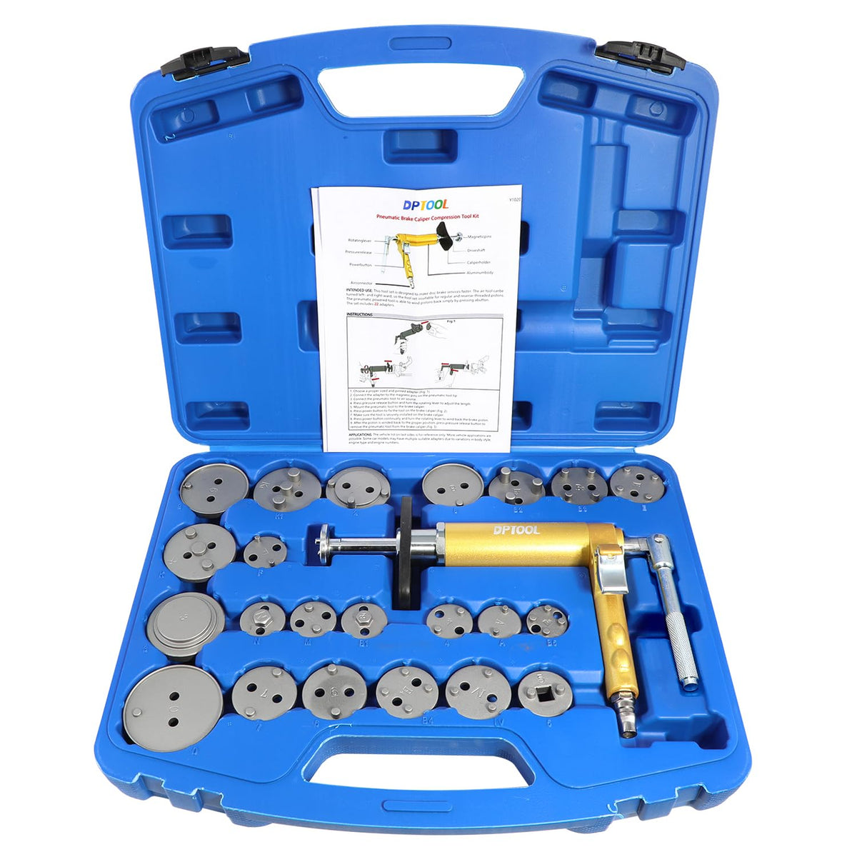 DPTOOL 23Pc Pneumatic Brake Caliper Tool in action for piston reset efficiency.
