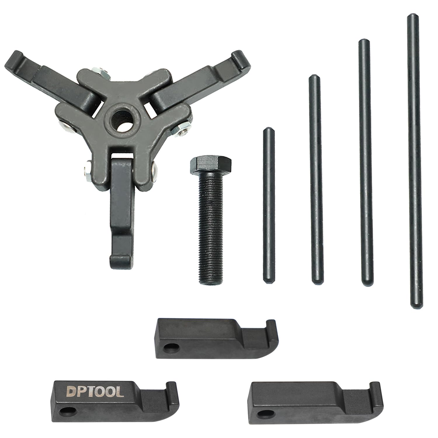 DPTOOL 6-jaw puller grips the pulley for secure, non-slip removal.