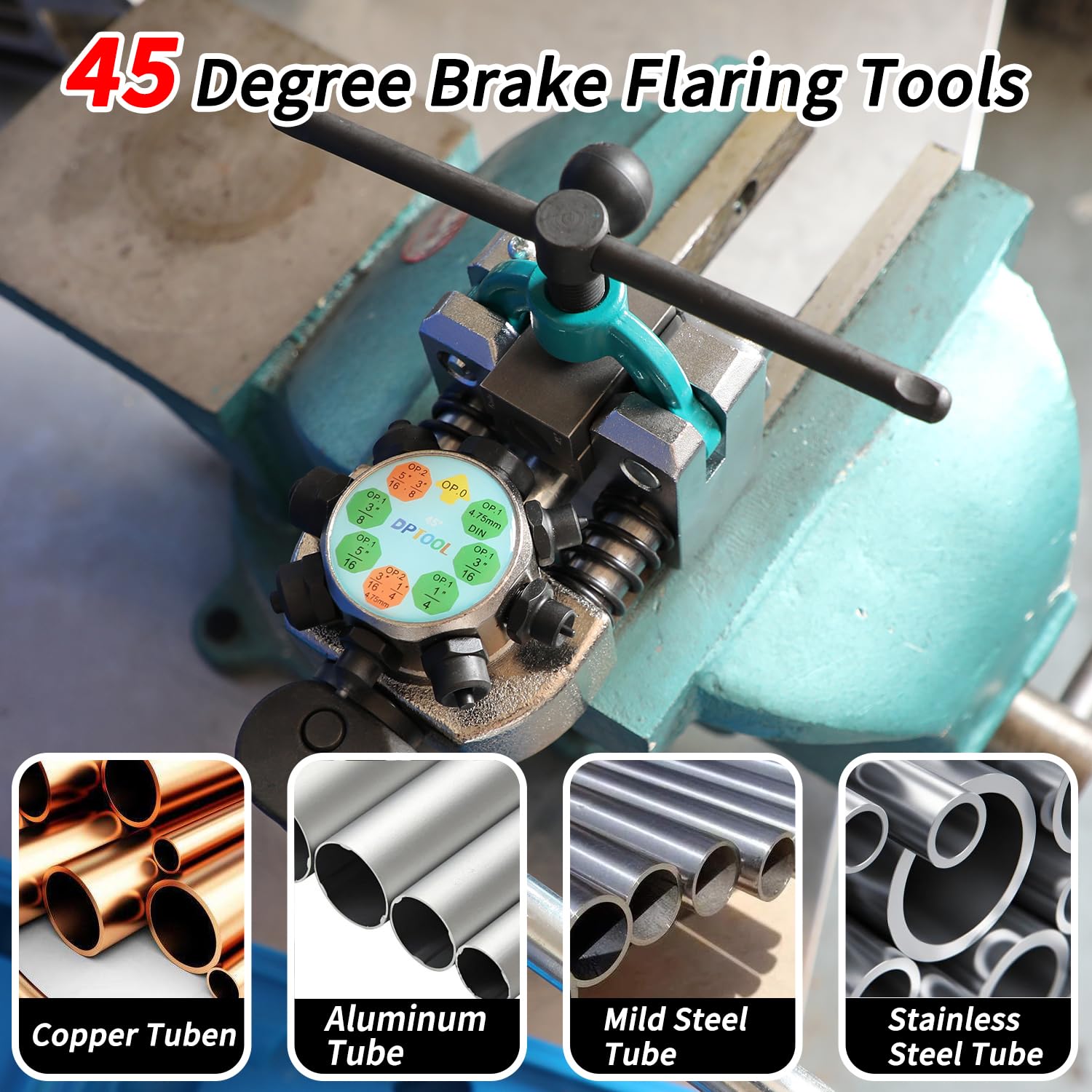 DPTOOL brake flaring tool mounted in bench vise for stability