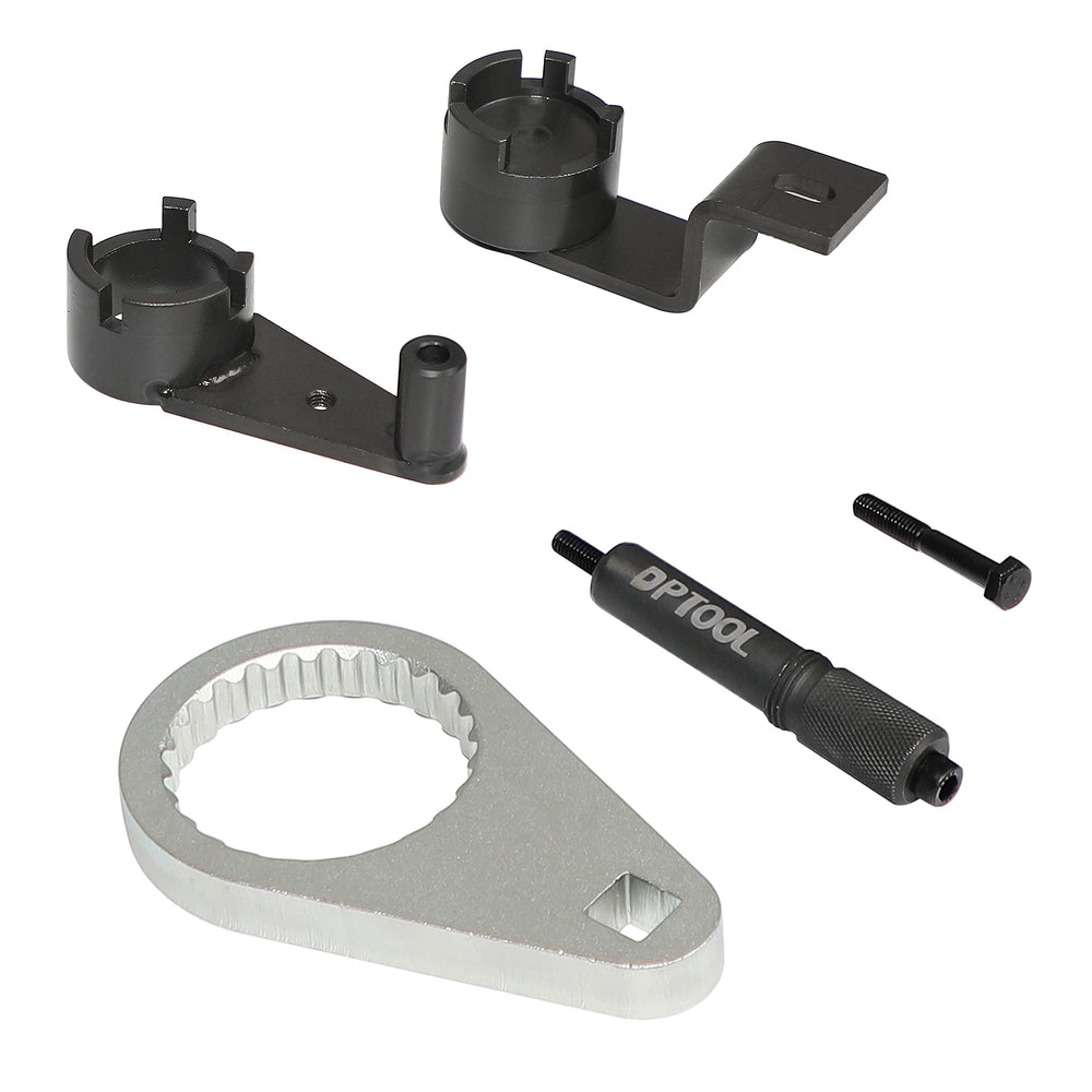 DPTOOL EN-51104 diesel pump locking tool attached for stable timing reference.