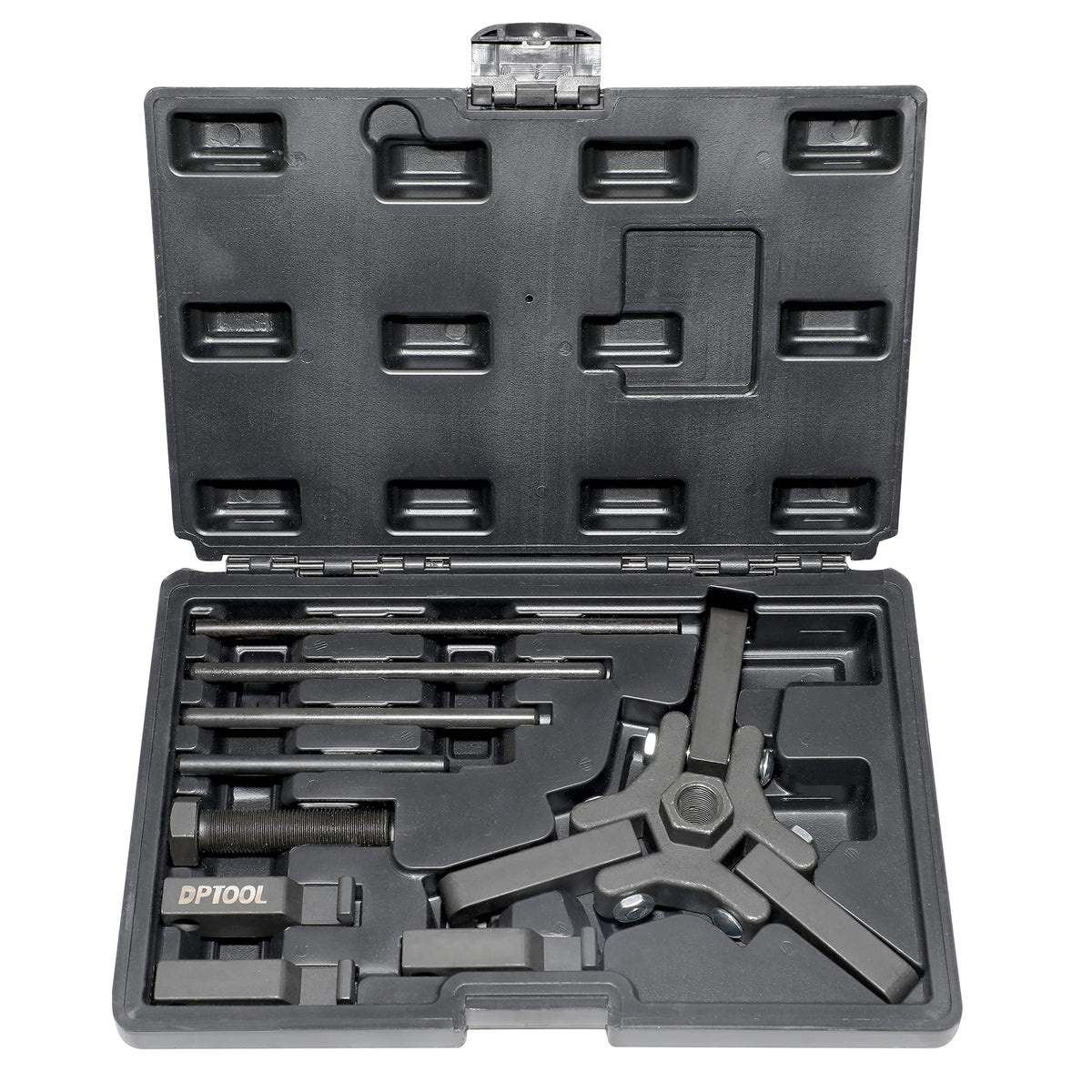 DPTOOL harmonic balancer tool assembled for quick pulley removal in tight engines.