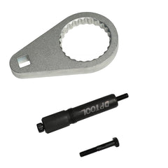 DPTOOL tool head mounted to cylinder head face to lock camshaft in place.