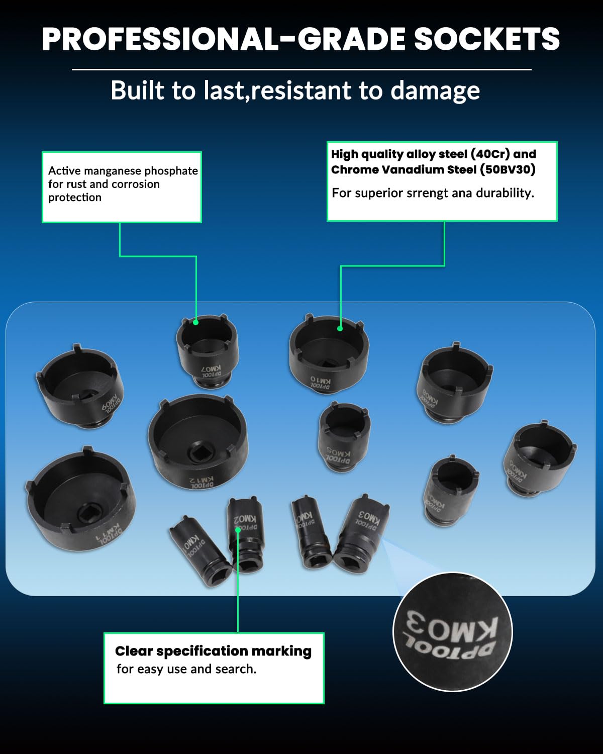 DPTOOL chrome-vanadium alloy sockets for durability