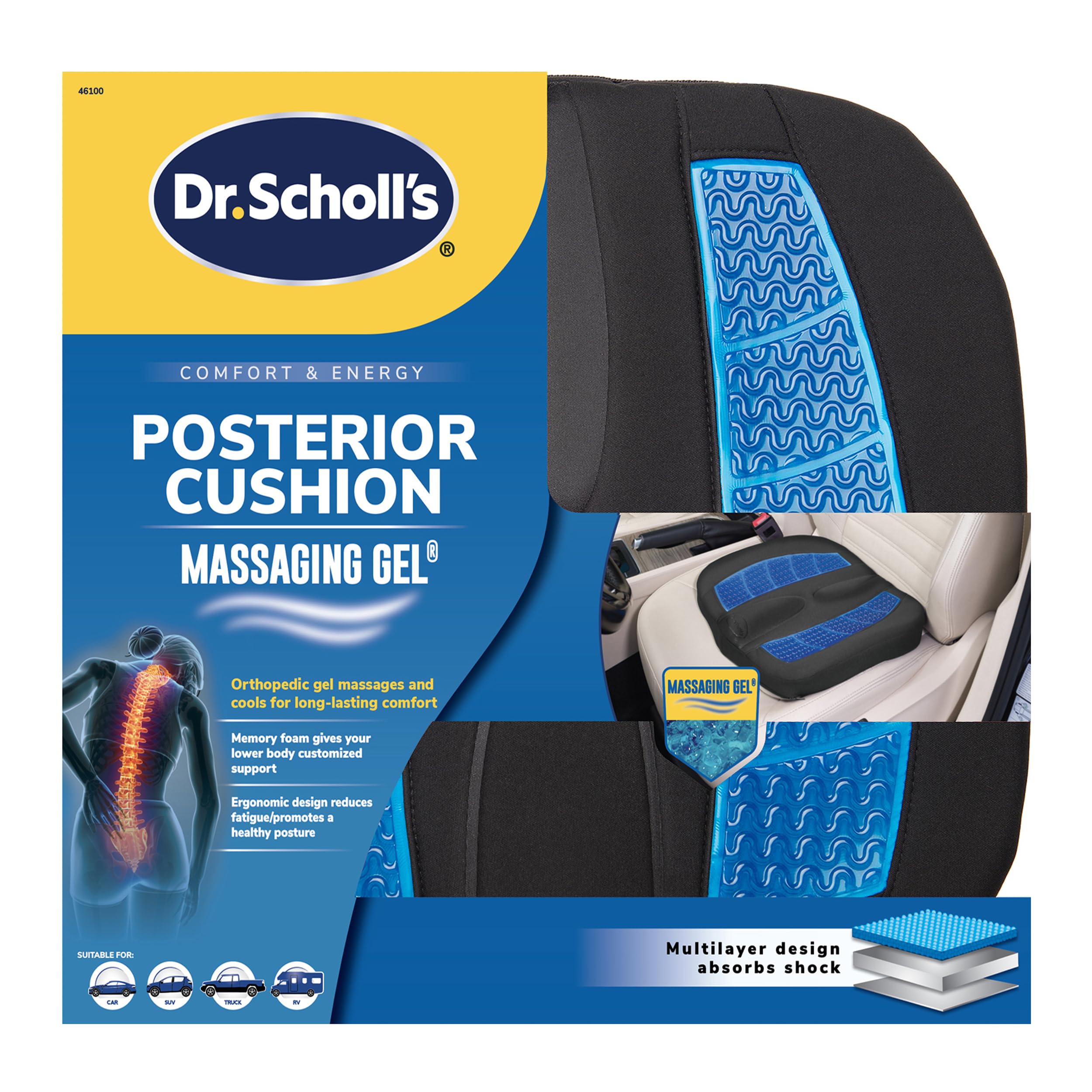 Dr. Scholl's Massaging Gel cushion adapts to chair or car seats for versatile use.