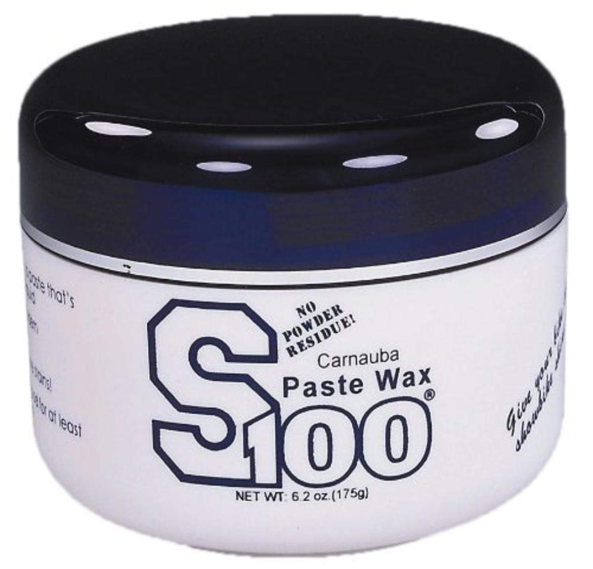 Dr. Wack S100 carnauba paste wax jar close-up with deep shine on dark surfaces