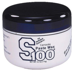 Dr. Wack S100 carnauba paste wax jar close-up with deep shine on dark surfaces