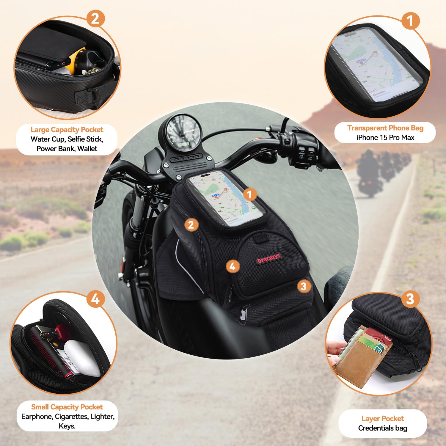 Dracarys tank bag with fixing strap on front motorcycle for added stability