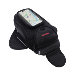 Dracarys tank bag on motorcycle in front view with magnetic mount for secure storage
