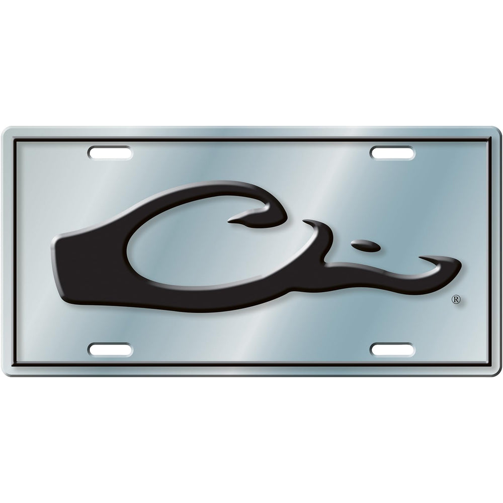 Drake Waterfowl drake head logo license plate on a vehicle, durable aluminum for outdoor use