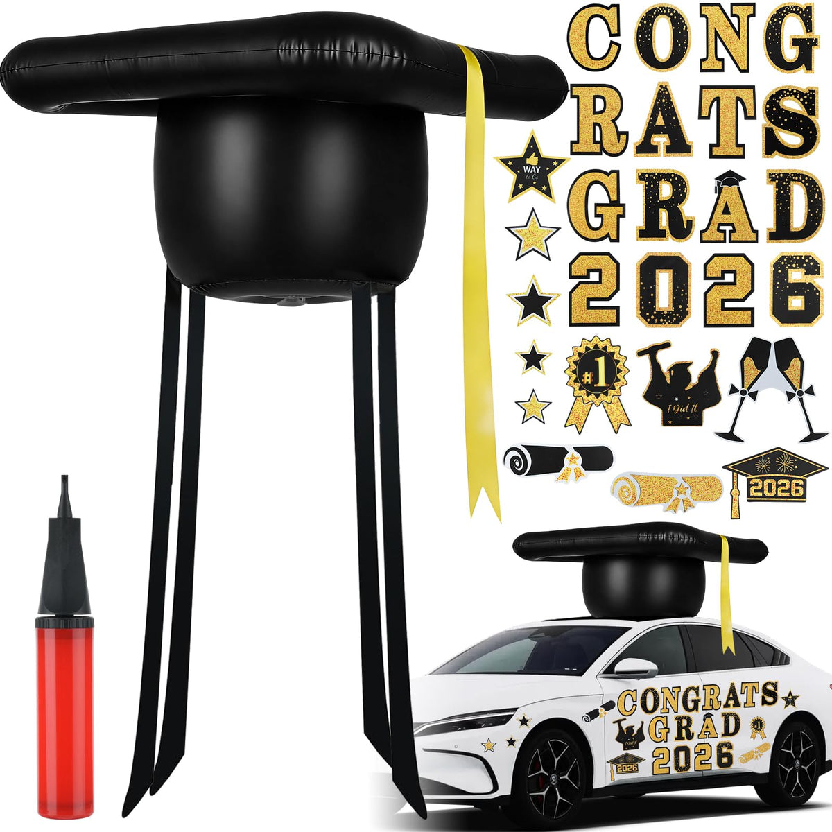 Draupnir graduation cap inflates on car roof for a festive celebration.