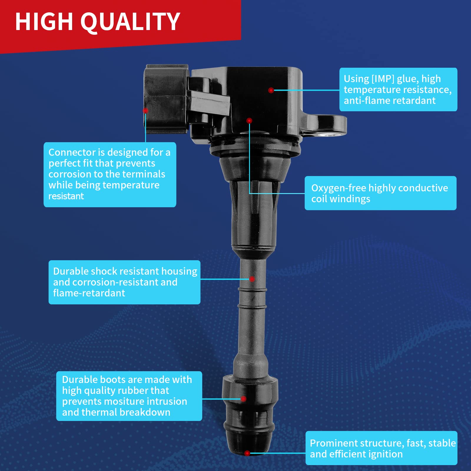 DrCax UF349 ignition coil for Nissan Murano, consistent firing and smoother idling.