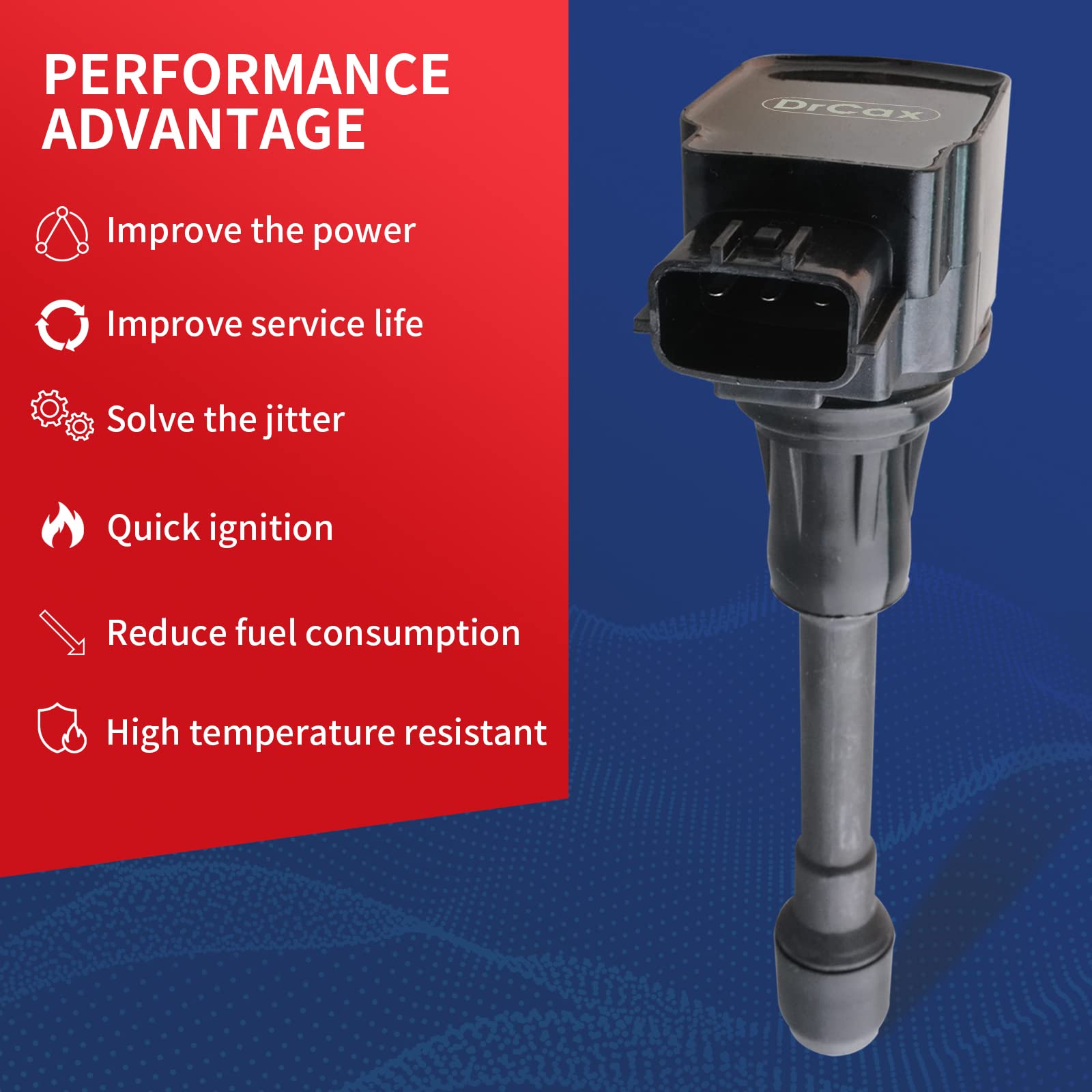 DrCax ignition coil UF549 side view highlighting connector position and build quality.