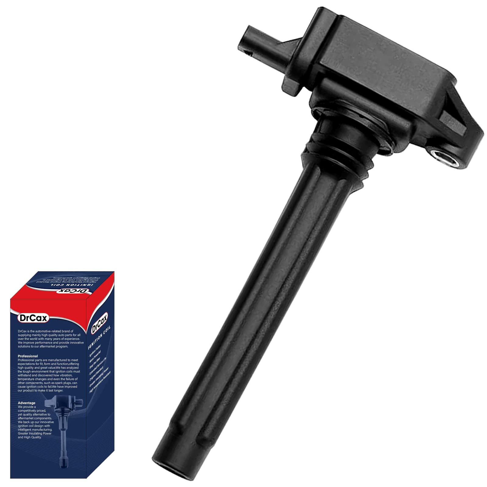 DrCax ignition coil UF648 front view showing compact fit for tight engine bays.