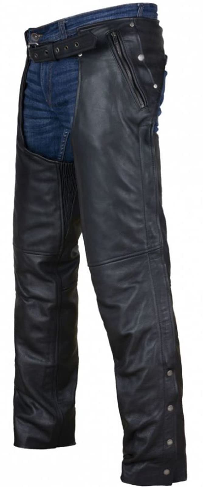 Dream Apparel black motorcycle leather chaps front view shows rugged riding ready construction