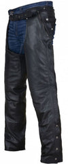 Dream Apparel black motorcycle leather chaps front view shows rugged riding ready construction