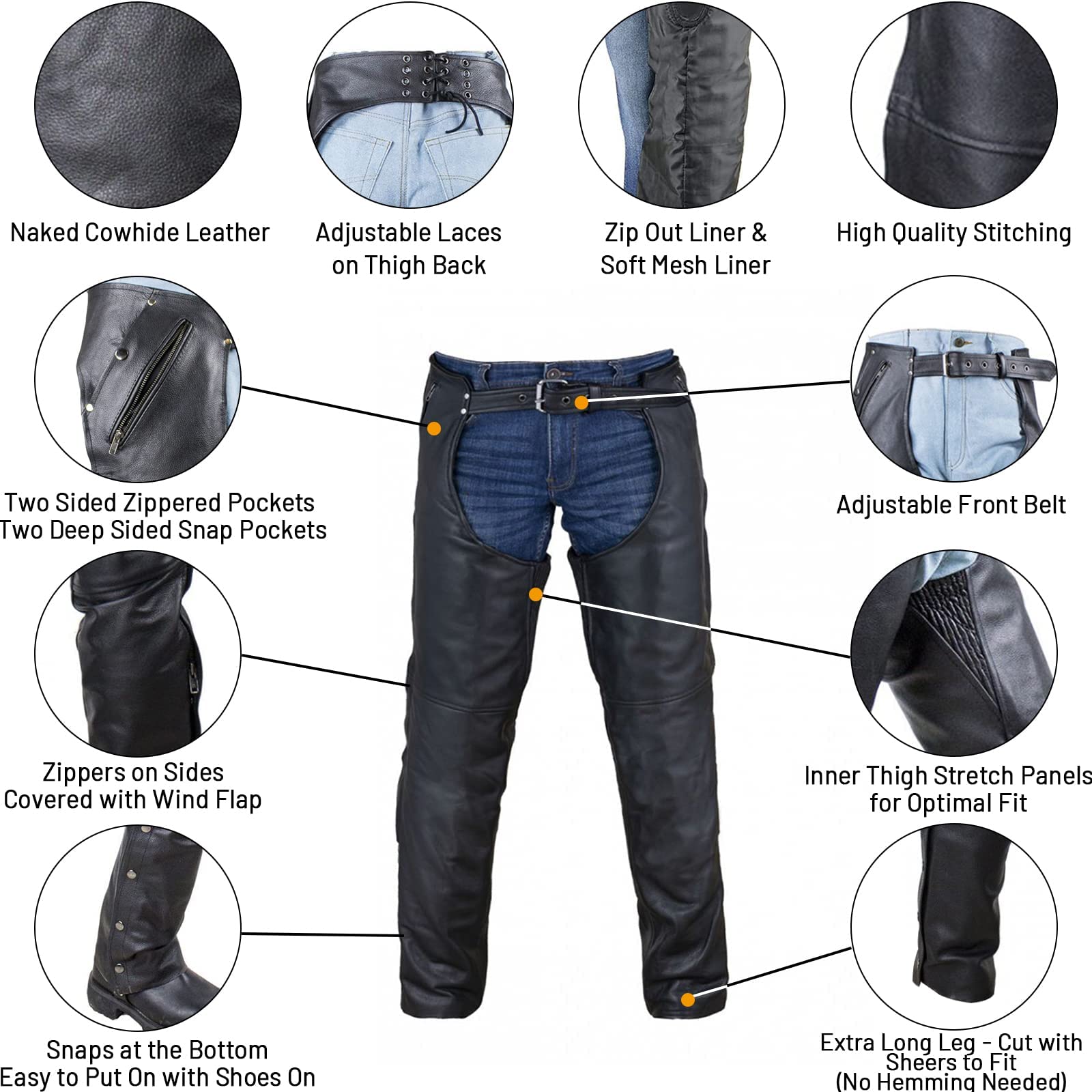Dream Apparel chaps side profile highlighting full length and adjustable fit for riding comfort