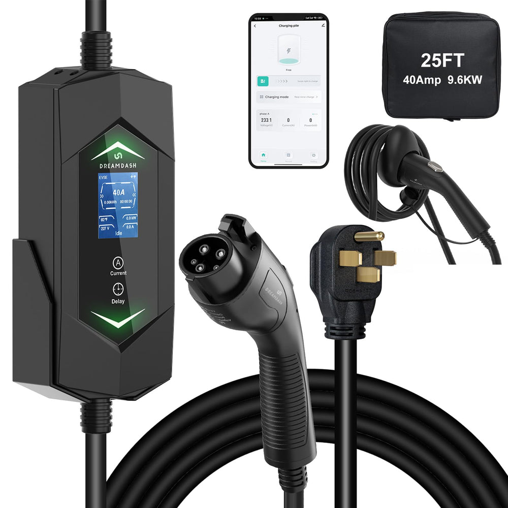DREAMDASH 40A Level 2 charger with NEMA 14-50 plug enabling fast home charging.