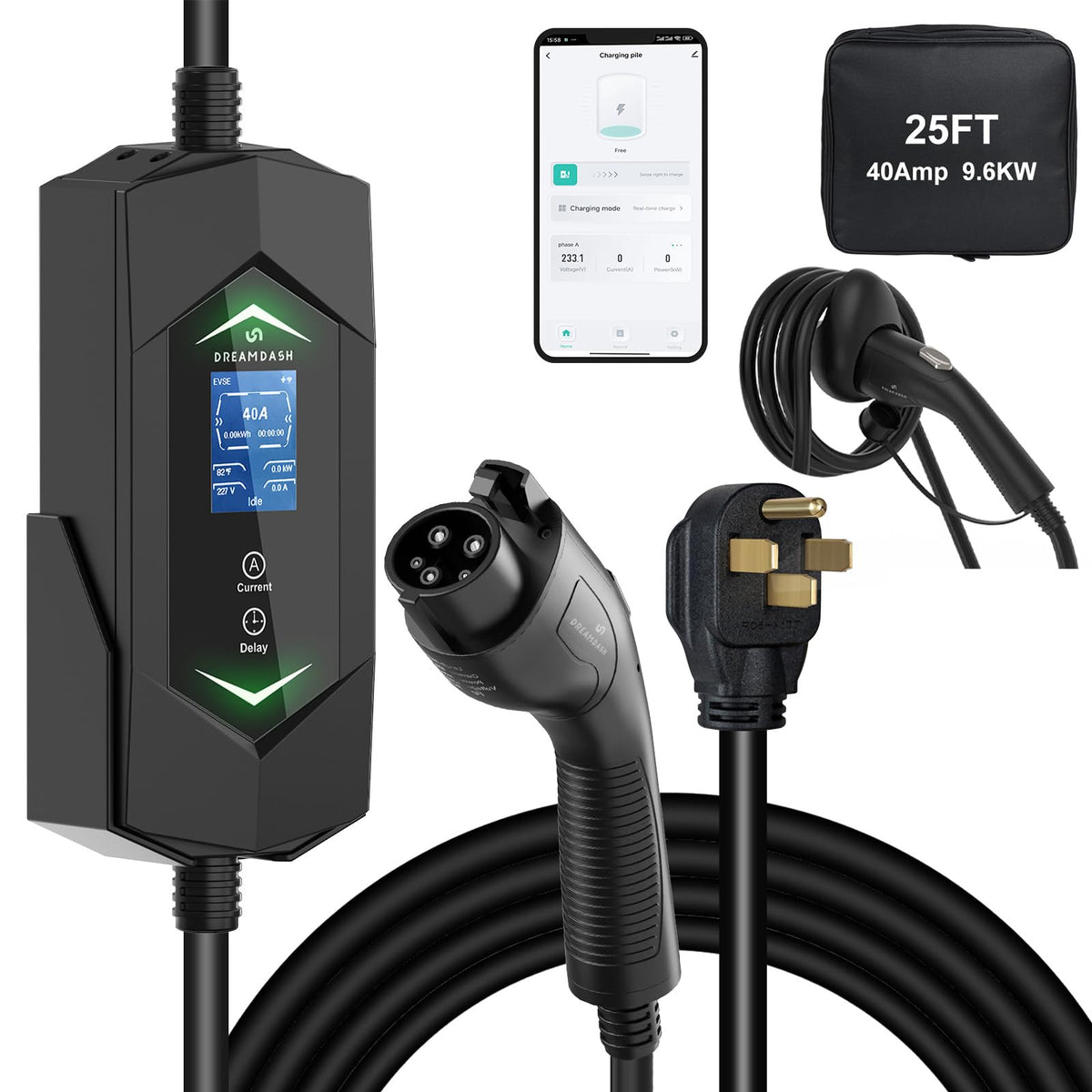 DREAMDASH 40A Level 2 charger with NEMA 14-50 plug enabling fast home charging.