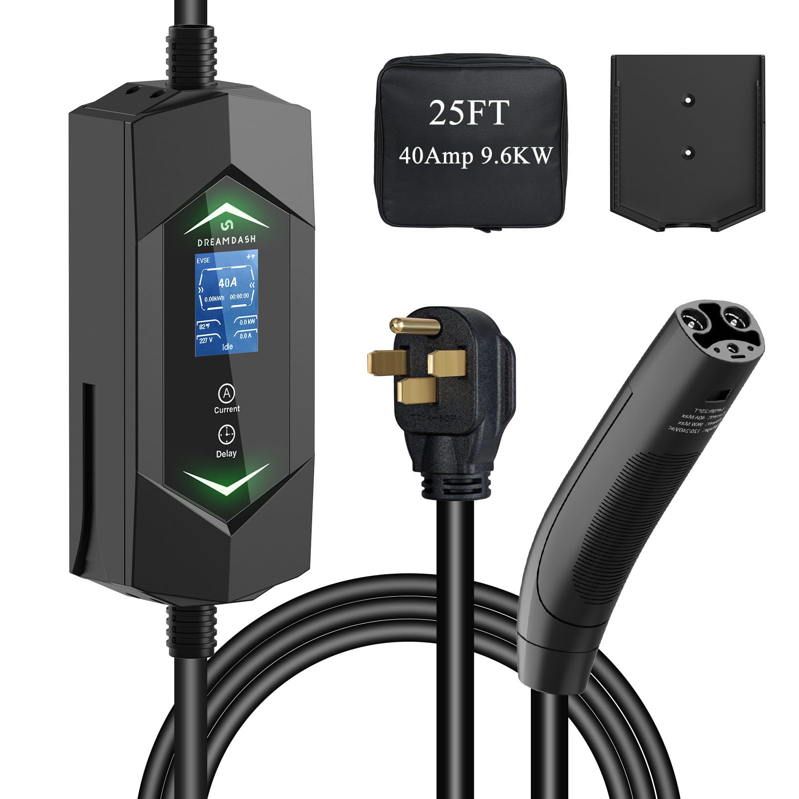 DREAMDASH Level 2 EV Charger with LCD display shows real-time charging data.