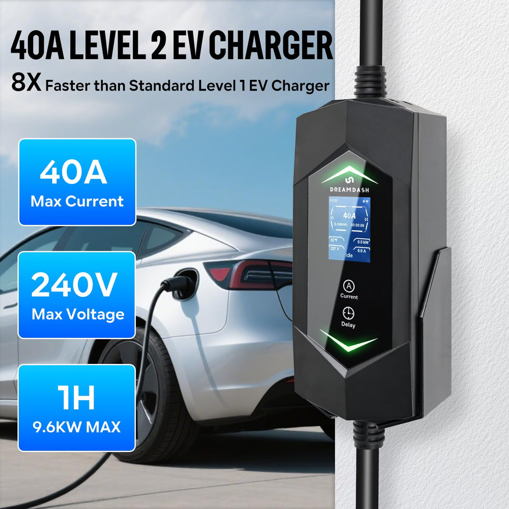 DREAMDASH EV Charger with NEMA 14-50 plug enables Tesla compatibility.