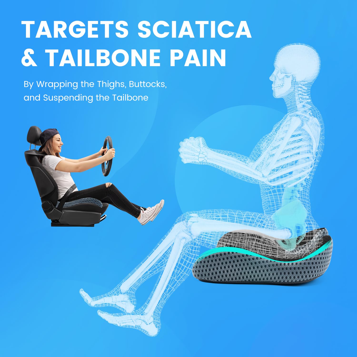 Dreamer Car coccyx-sciatica memory foam cushion relieves pressure during long trips.