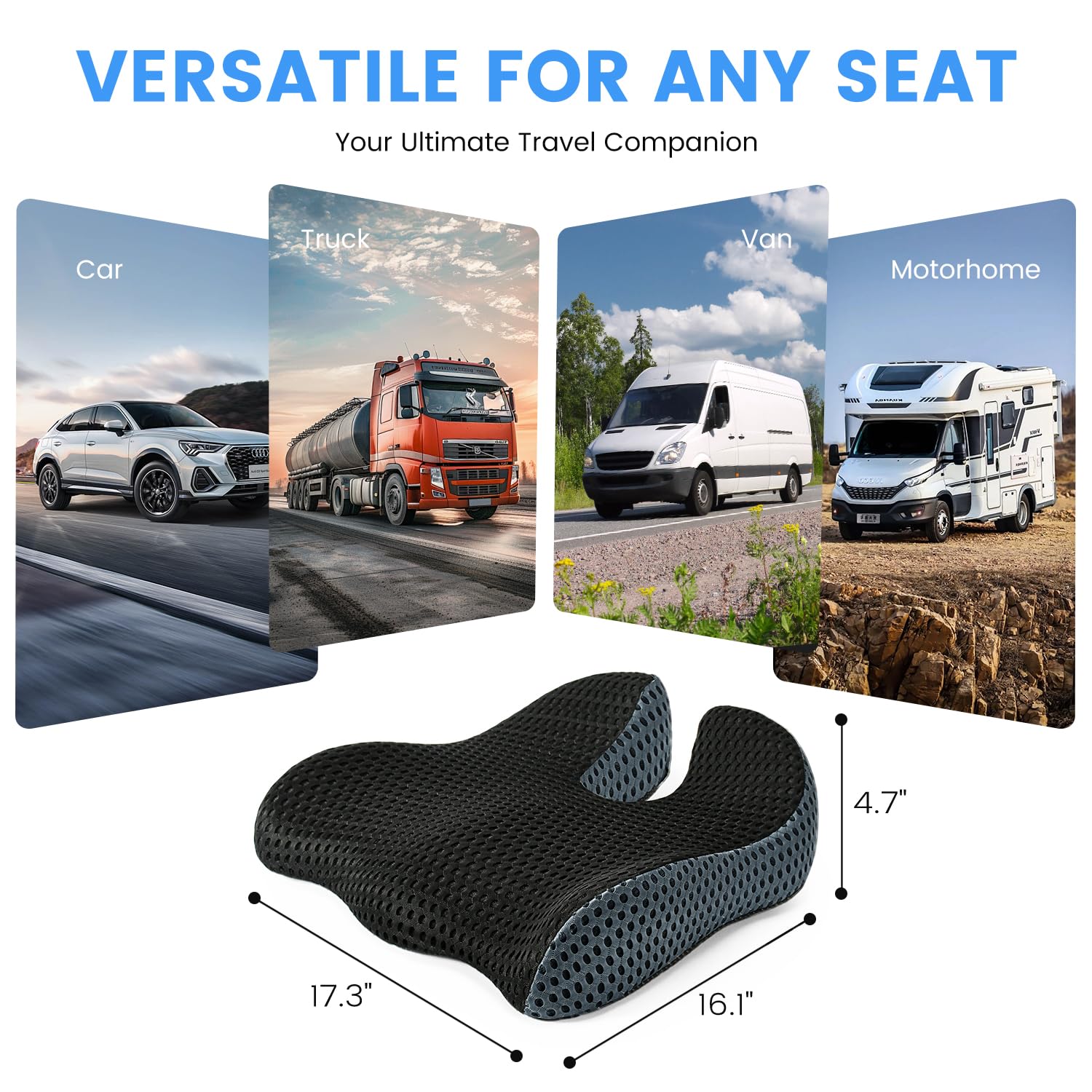 Dreamer Car universal-seat-use cushion fits cars, trucks, vans, and motorhomes.