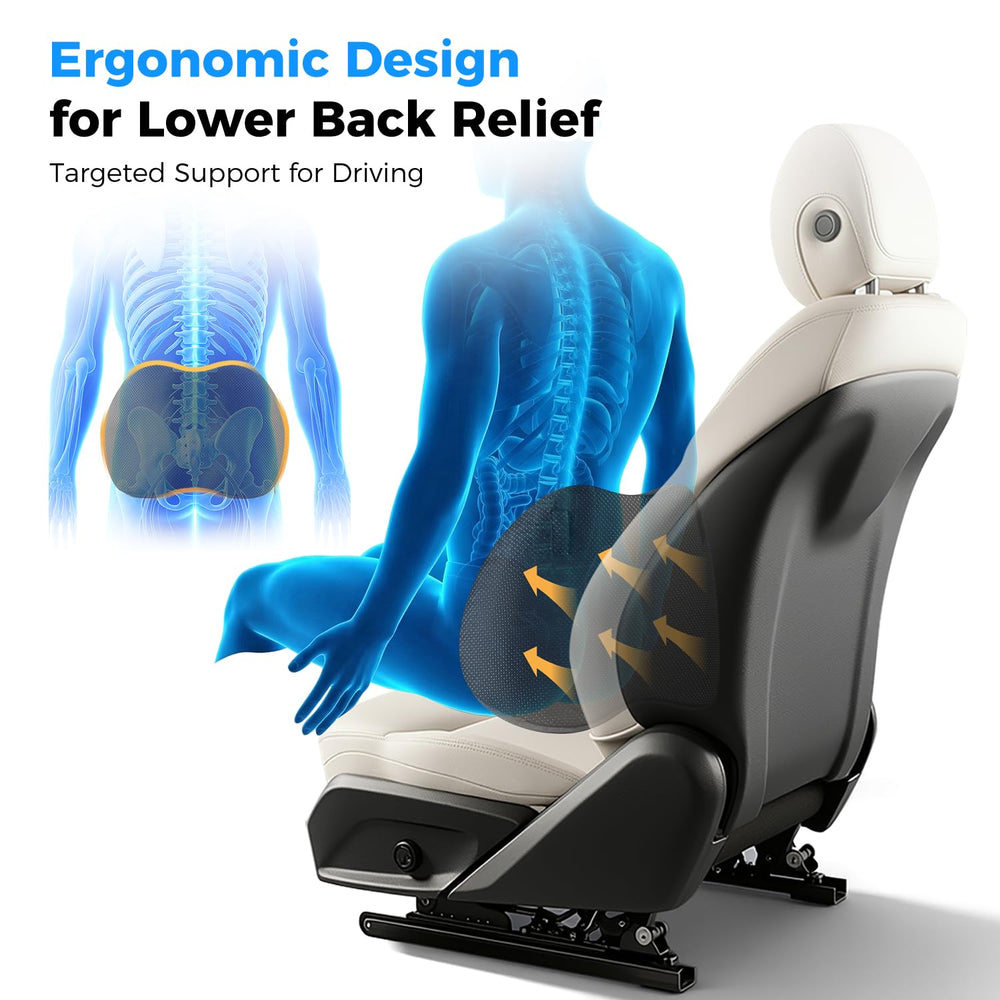 Dreamer Car lumbar pillow front-angled view highlights memory foam contouring for spinal alignment
