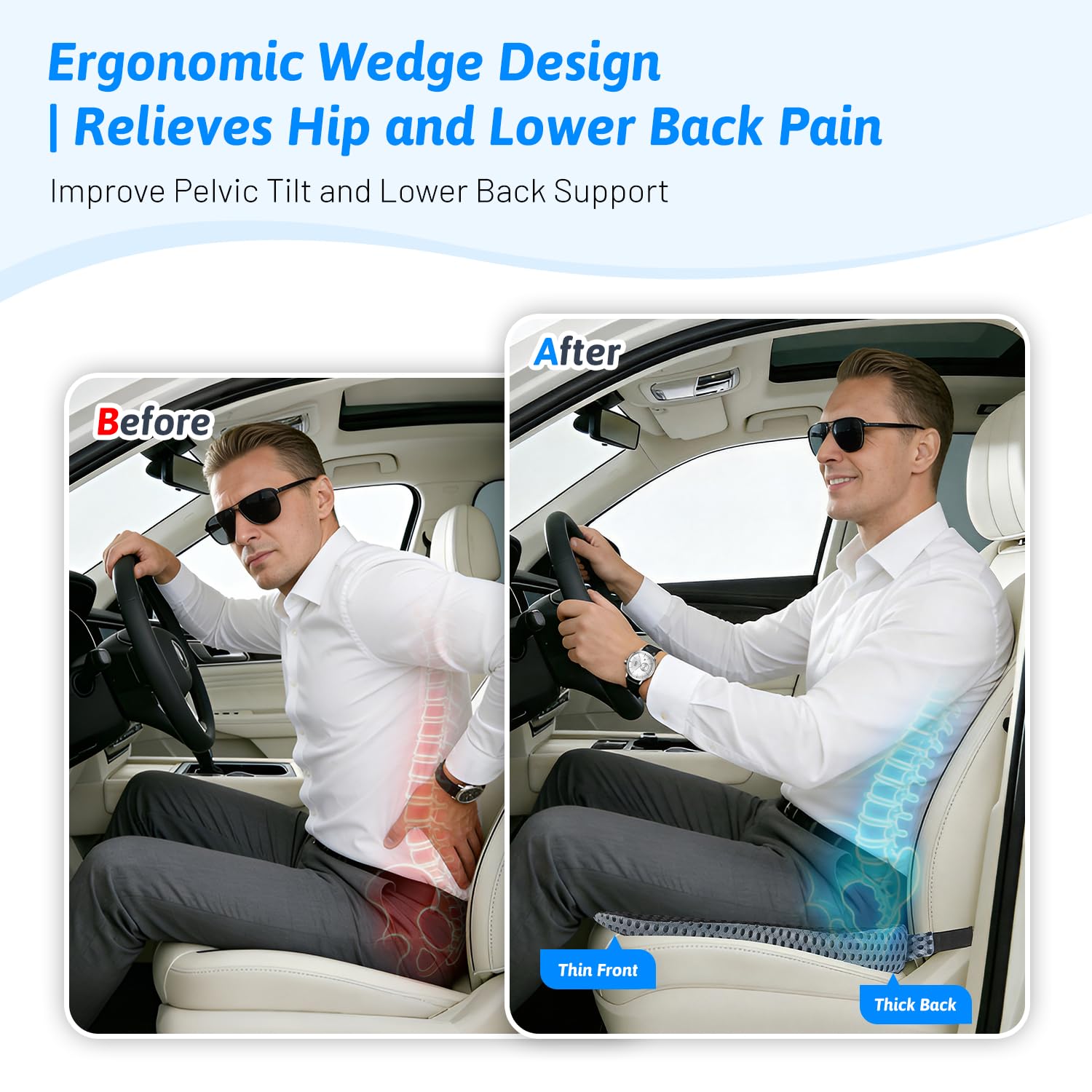 Dreamer Car wedge cushion fits cars, SUVs, trucks for versatile use.