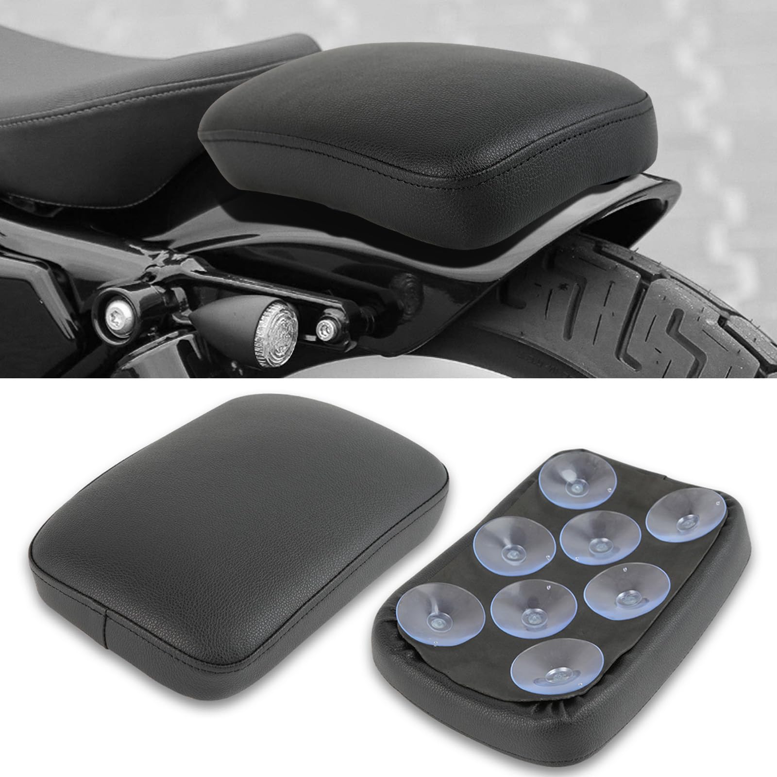 DREAMIZER black pillion seat pad on bike with suction cups for secure passenger support