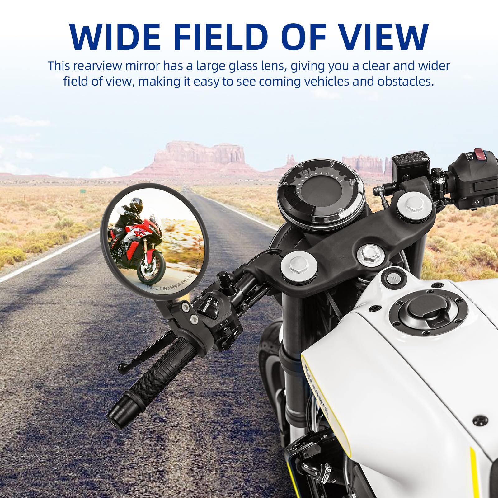 DREAMIZER clear-vision mirrors offer a wide field of view for confident highway and twisty road riding.