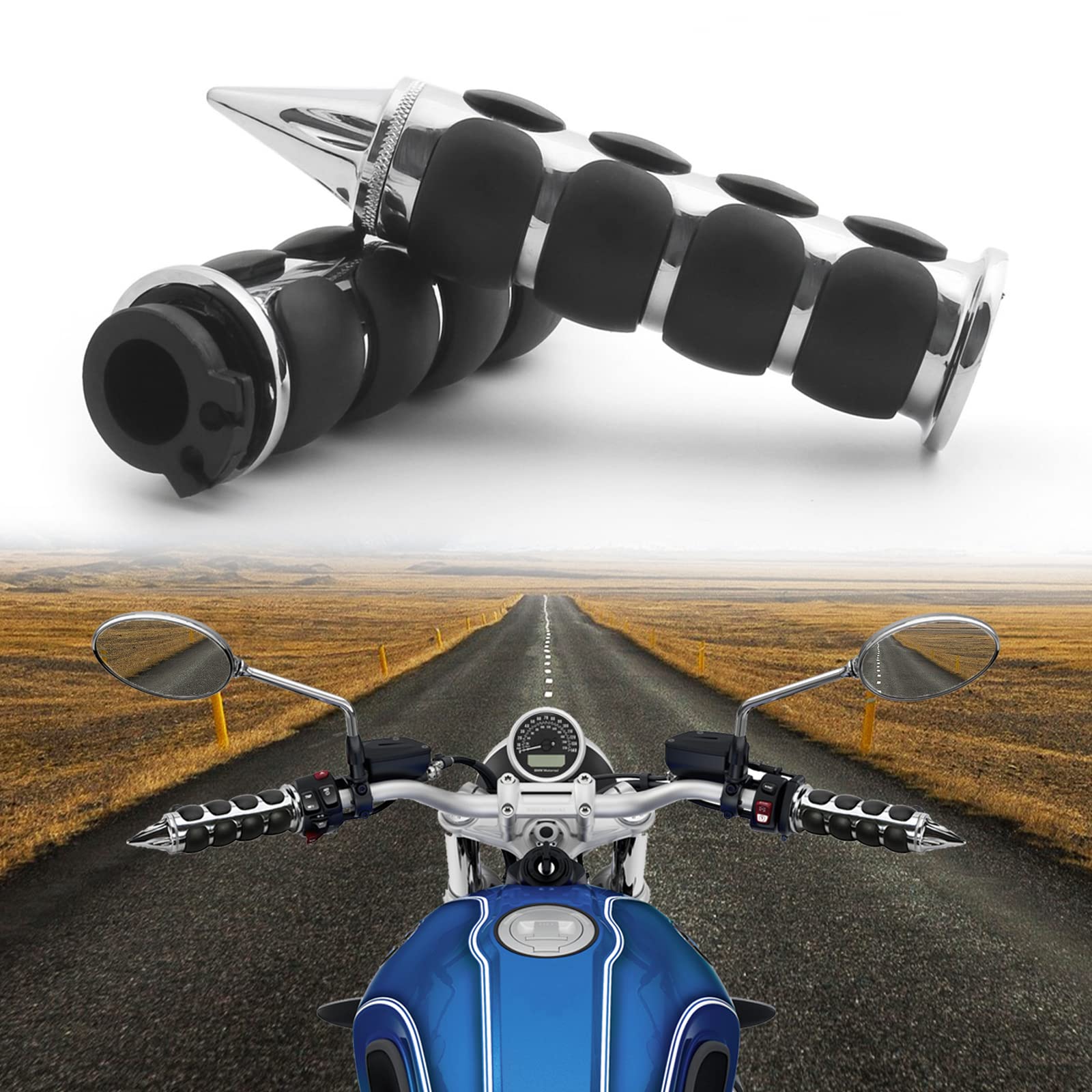 DREAMIZER universal 1 inch chrome spiked grip installed on motorcycle for quick upgrade