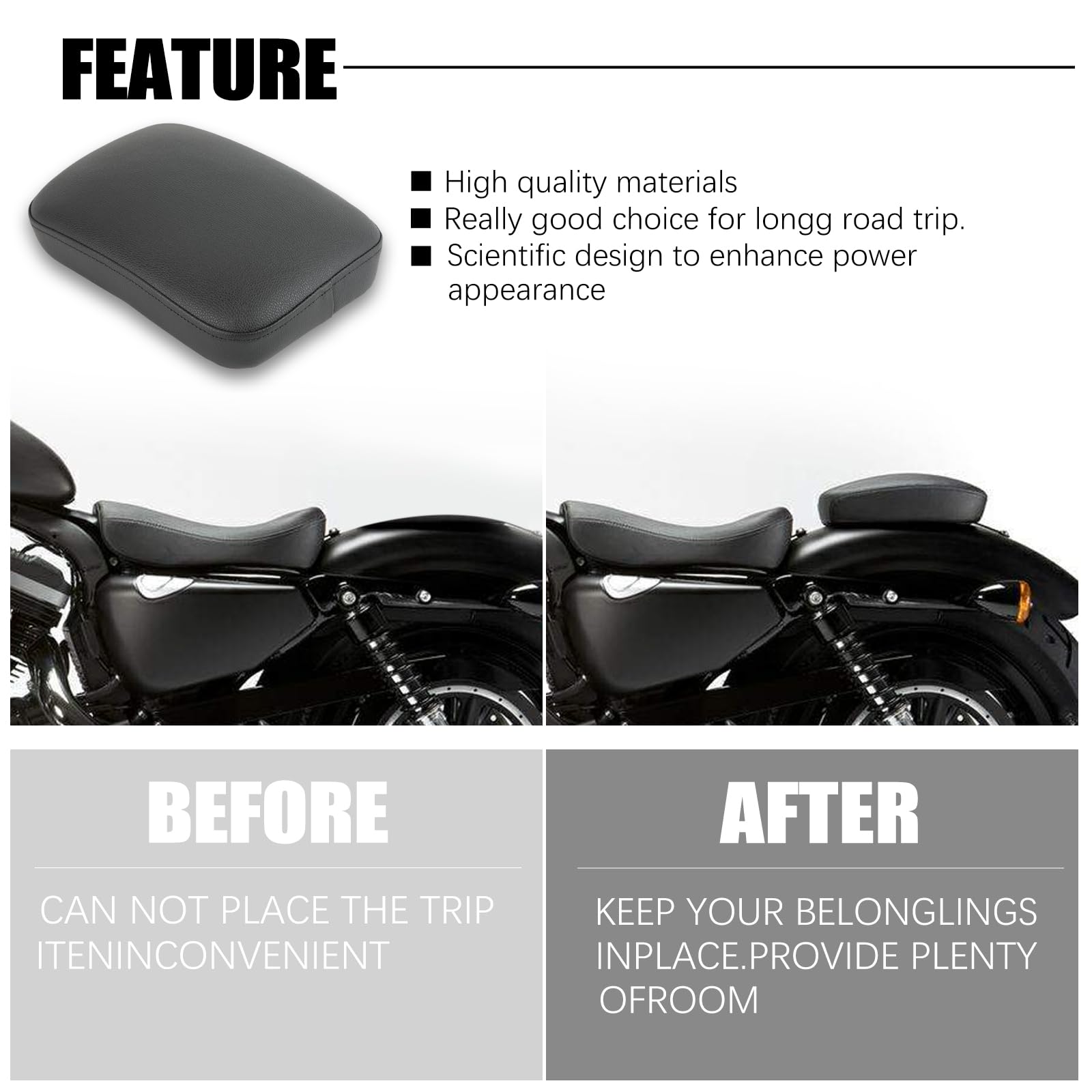 DREAMIZER universal pillion cushion attached to Harley Sportster fender for stable ride