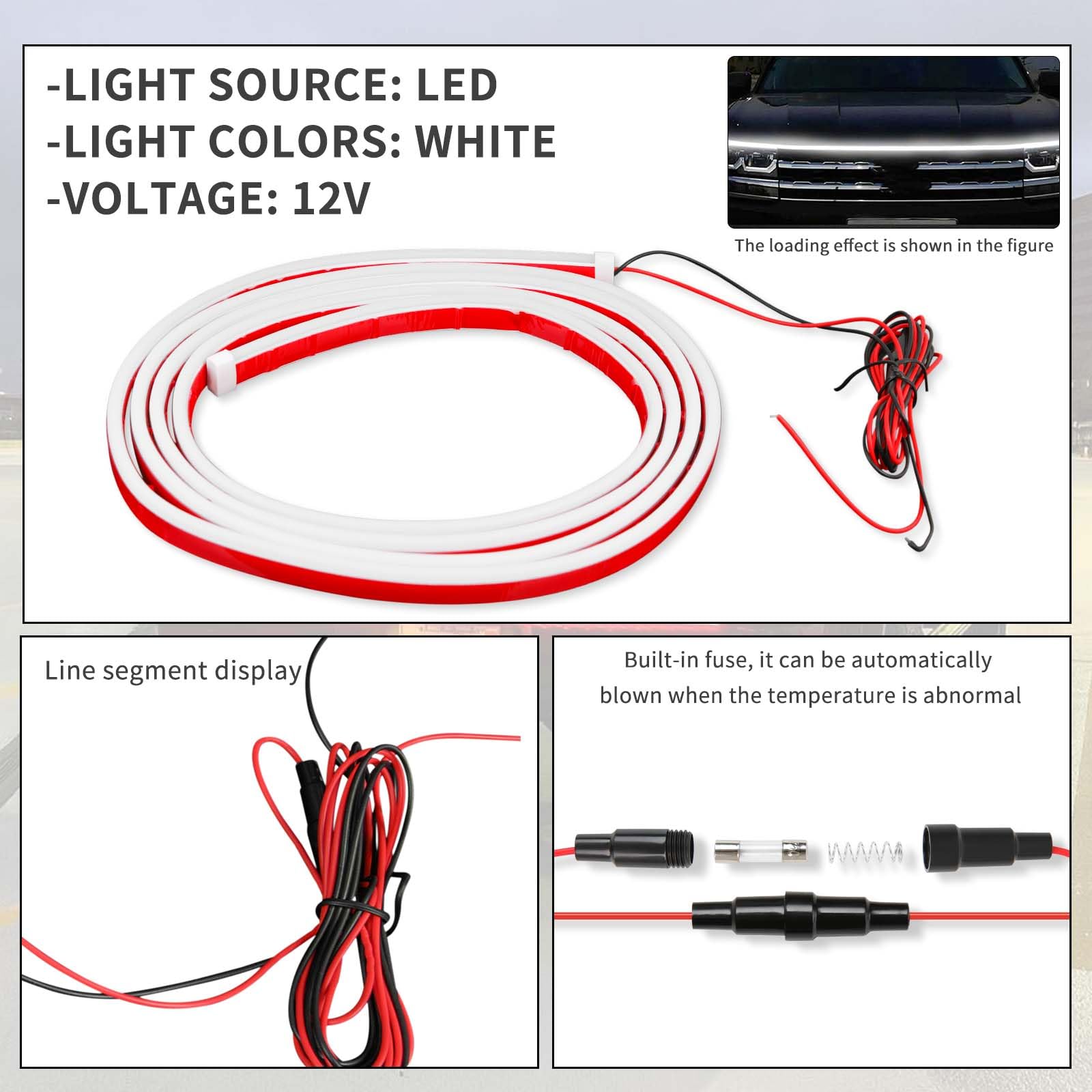 DREAMOTOR 12V universal hood light strip fits many vehicle types.