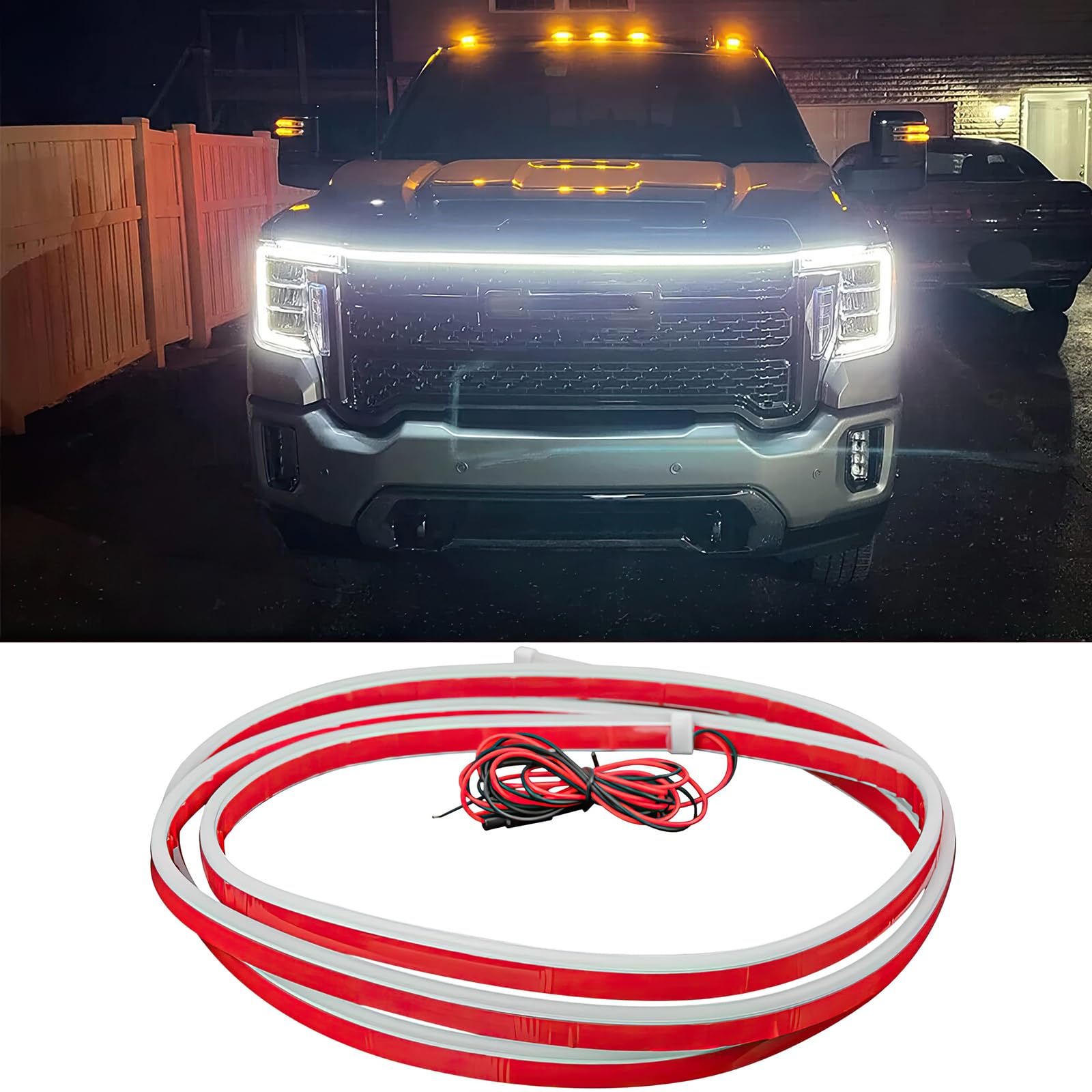 DREAMOTOR 945-inch hood light strip with white dynamic LEDs for daytime visibility.