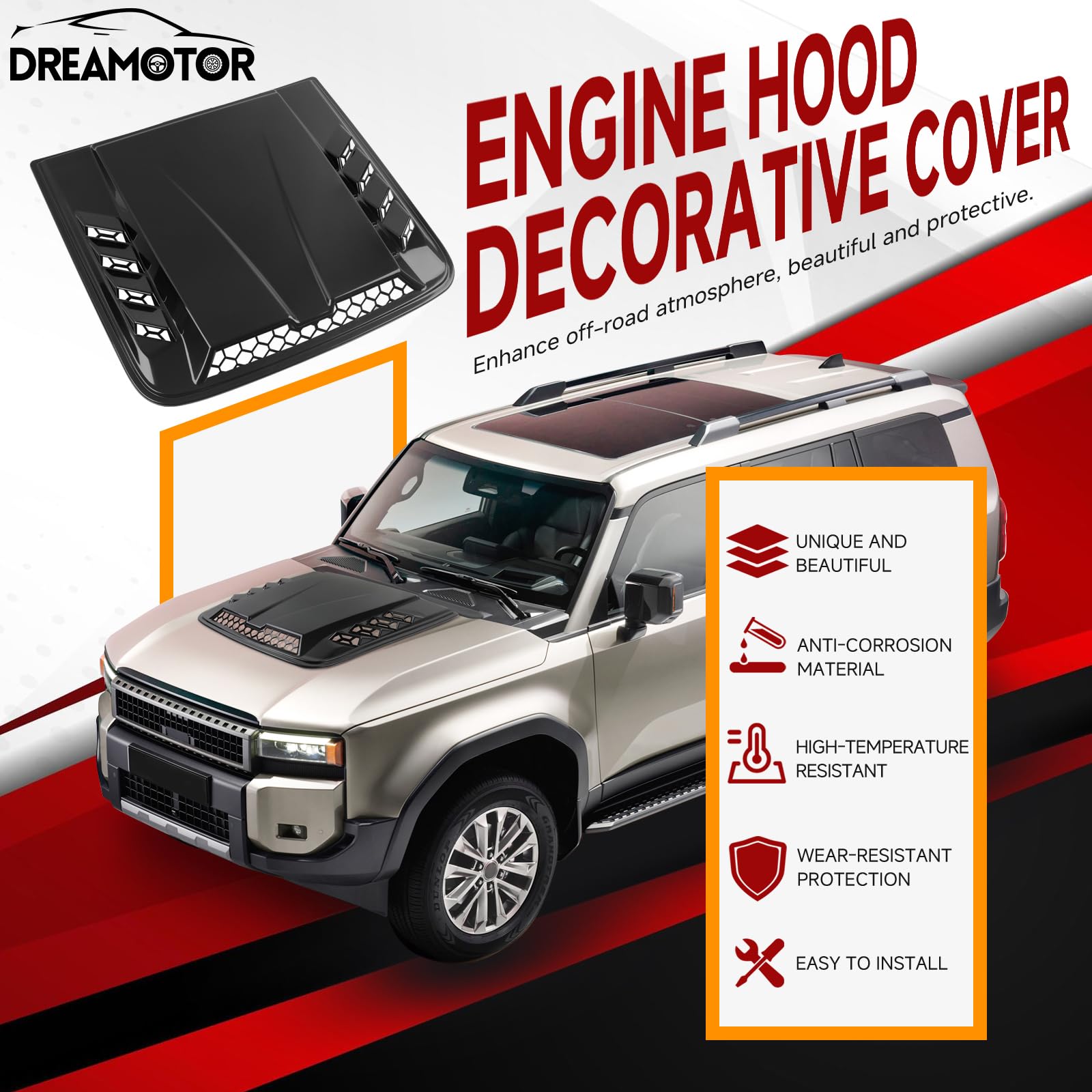 DREAMOTOR hood scoop made of PP material emphasizing durability and heat resistance