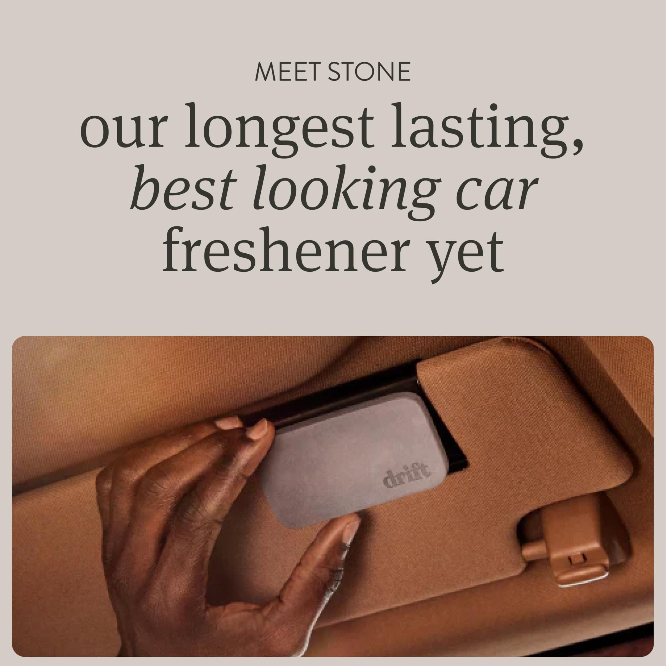 Drift stone packaging highlights eco-friendly design and refillable scent.
