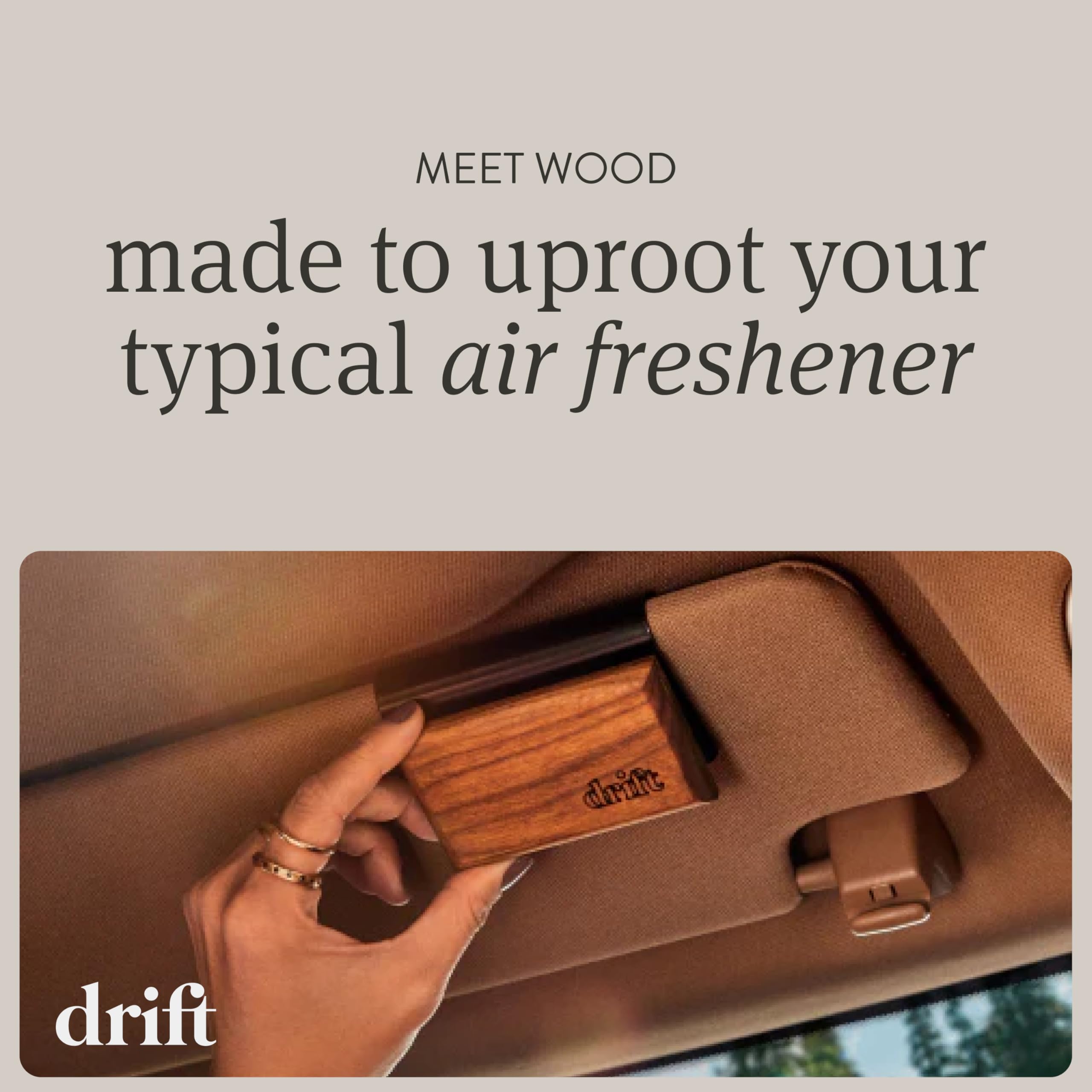 Drift wood freshener on visor clip showing sustainable materials and clean design