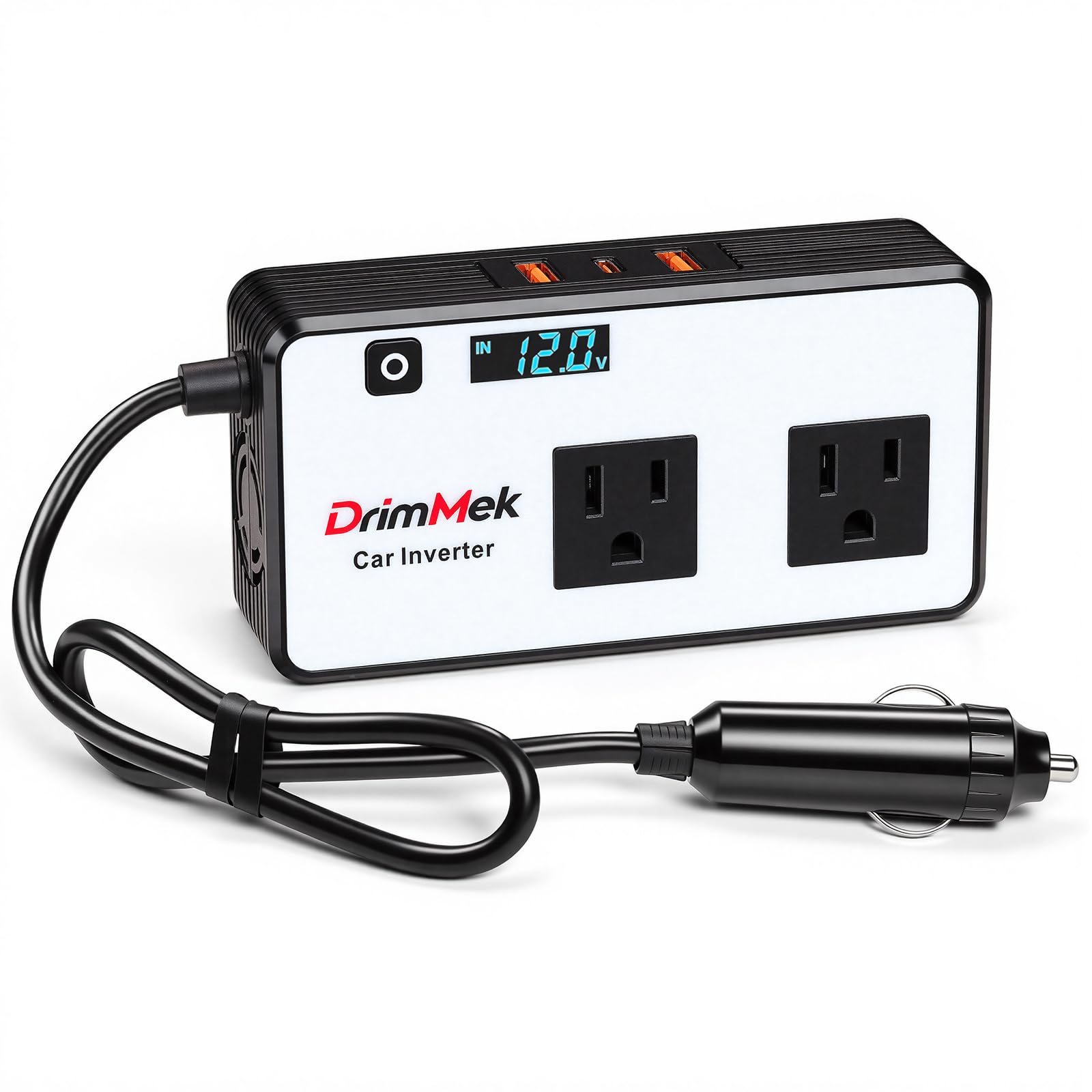DrimMek 200W car inverter seen from the front for on-the-go power