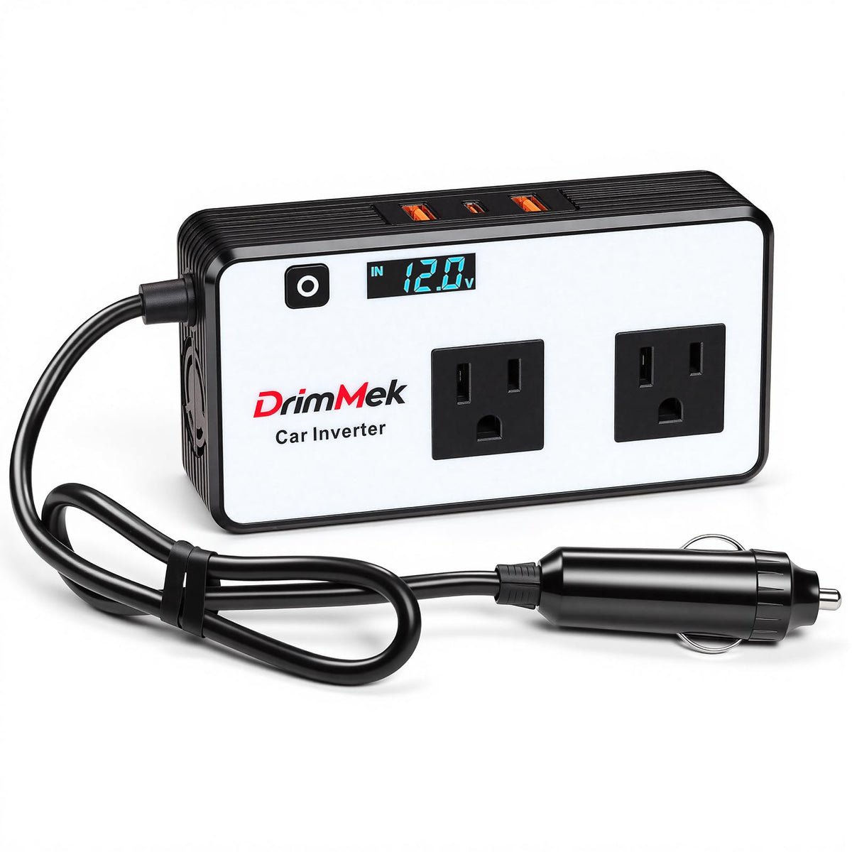 DrimMek 200W car inverter seen from the front for on-the-go power