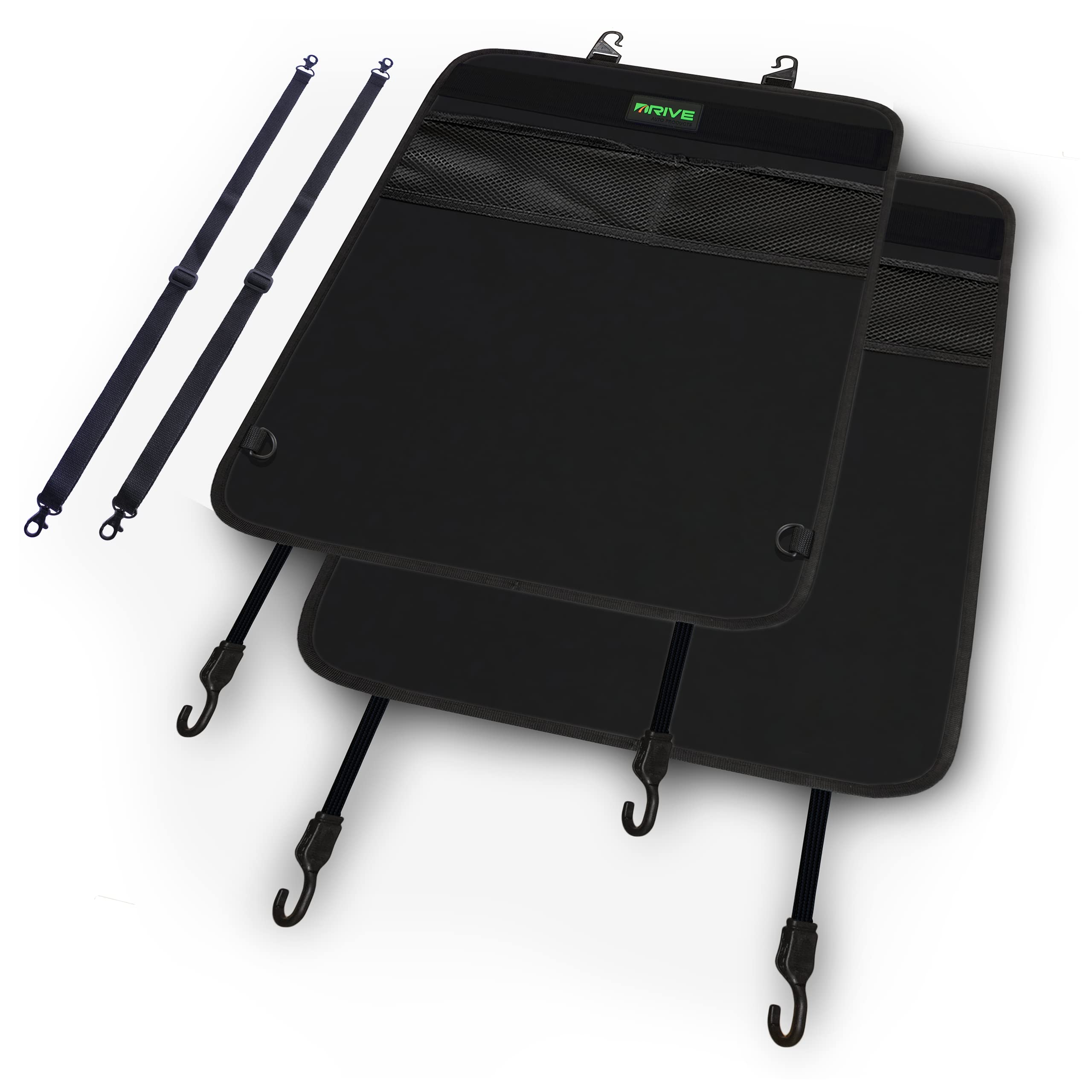 DRIVE AUTO PRODUCTS backseat protector front view in black shields upholstery from kicks and spills.