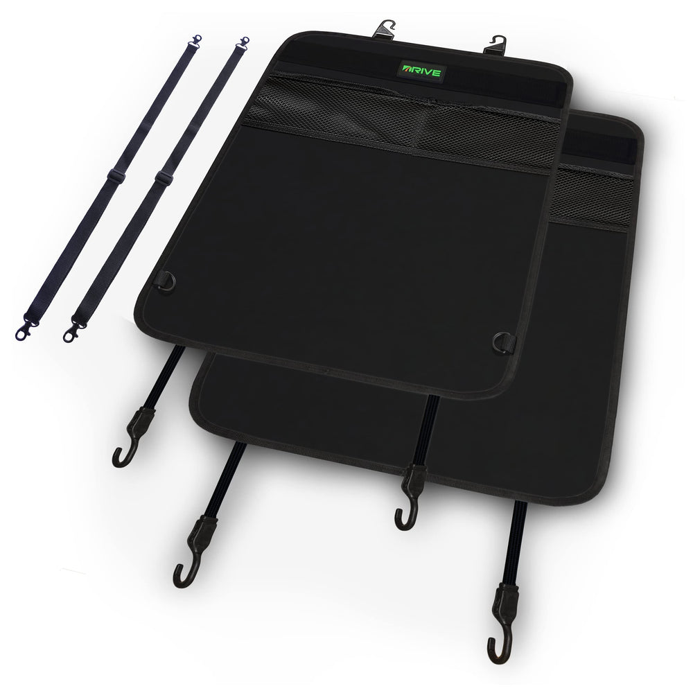 DRIVE AUTO PRODUCTS backseat protector front view in black shields upholstery from kicks and spills.